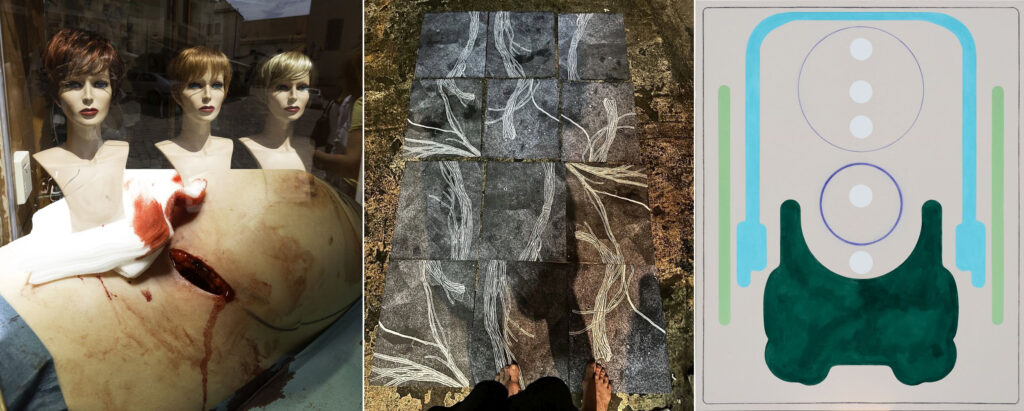 Abb. 1.: Aus der Serie Frauenhaar, 2016, Digitale Collage, Magdalena Frey © Magdalena Frey Abb. 2.: mullegama 25, 12teilig, c-print auf papier, 180 x 105,5 cm, Hanna Hollmann © Hanna Hollmann Abb. 3.: Excerpta III / Körperorbit, 2025, Acryl, Pastell und Ölkreide auf Leinwand 180 x 145 cm, Iris Kohlweiss © Iris Kohlweiss